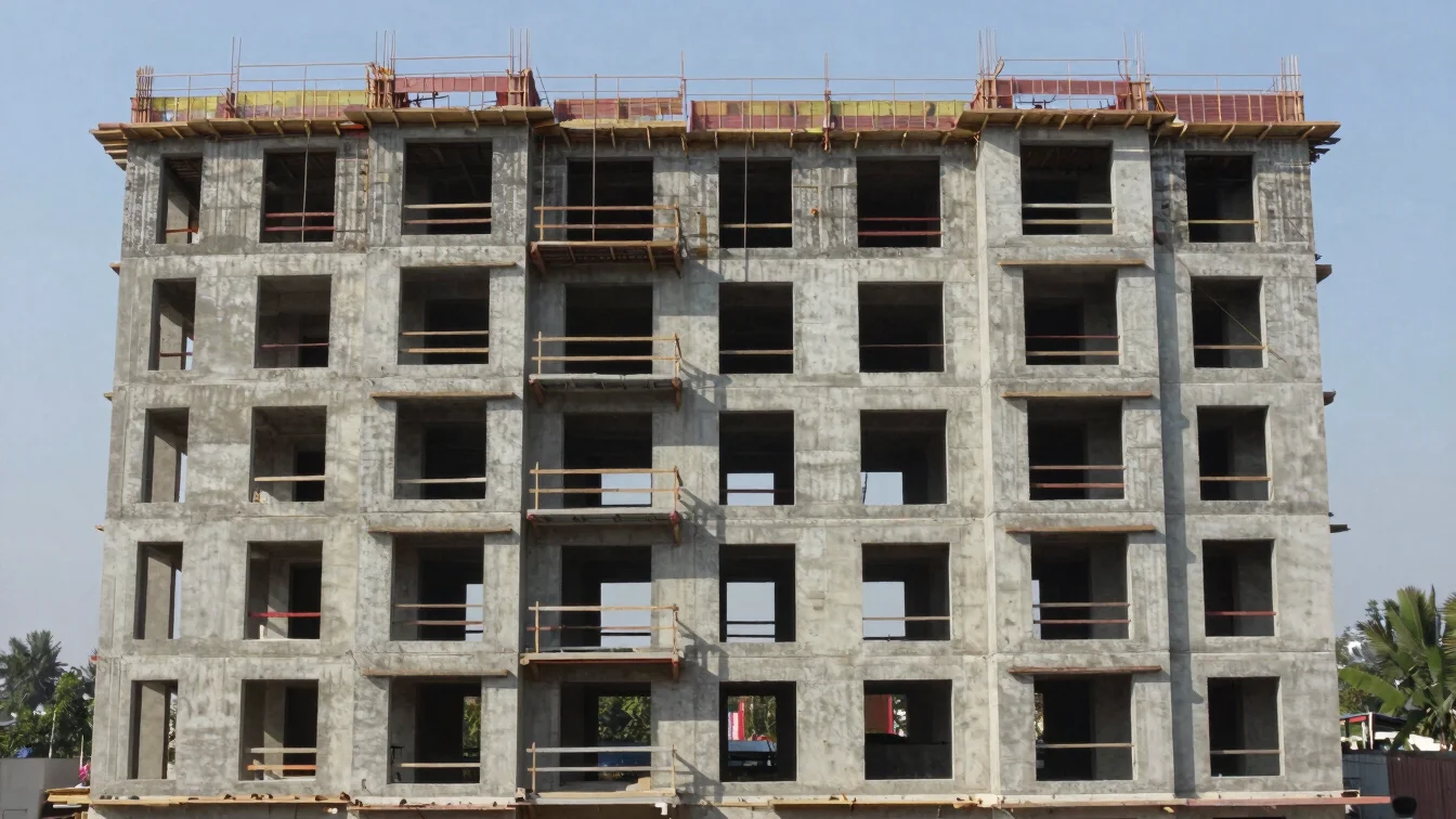 Completed multi-storey building exterior in natural daylight, clean lines, realistic surroundings, documentary style, 35
