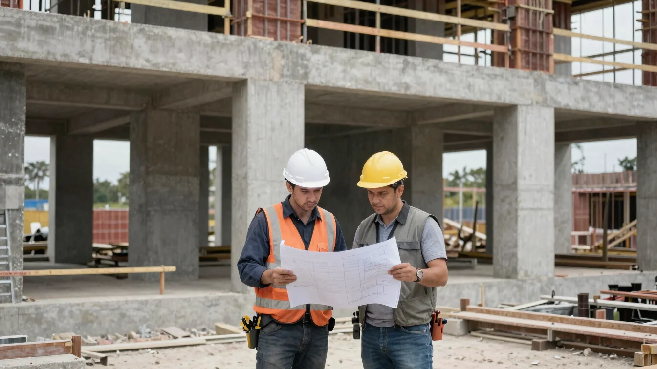 Site supervisor reviewing drawings beside a partly built structure, natural daylight, realistic jobsite detail, document