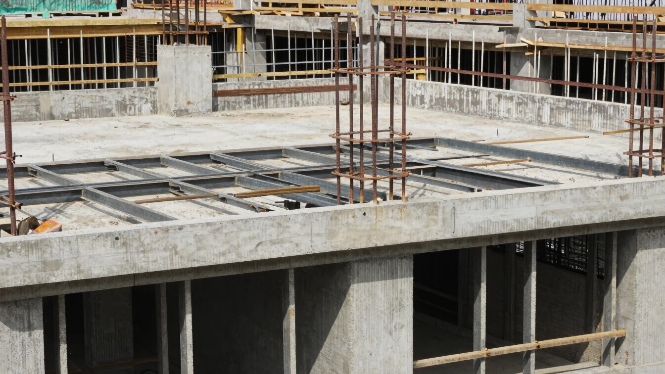 Close detail of structural steel and concrete formwork on a building site, natural daylight, restrained tones, 35mm lens