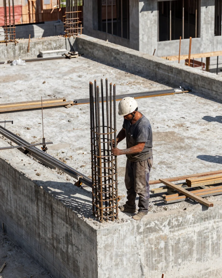 Worker placing rebar on a building foundation in natural daylight, realistic site conditions, documentary construction p