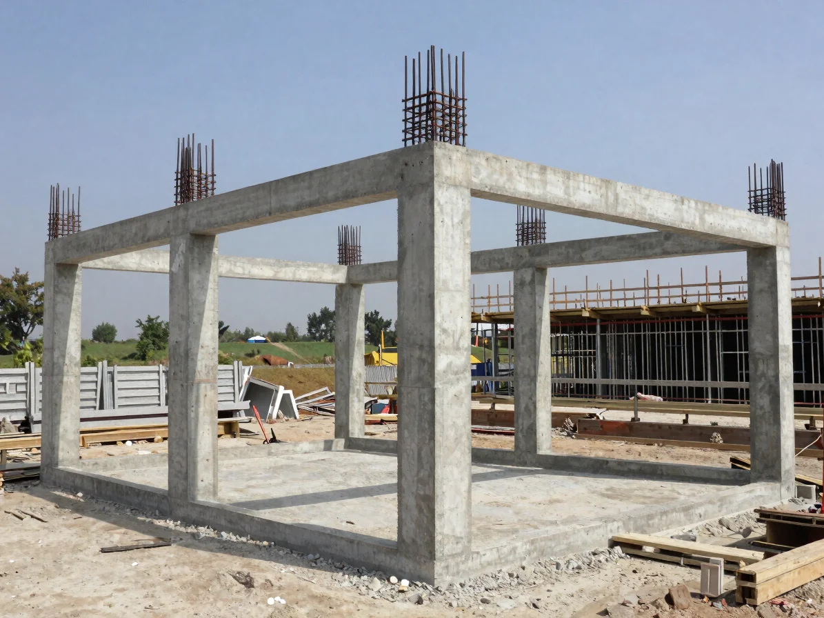 Documentary construction photography of a concrete structural frame under erection on a jobsite, natural daylight, restr