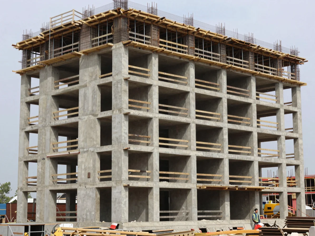 Documentary construction photography of a completed building exterior beside active site works, natural daylight, restra