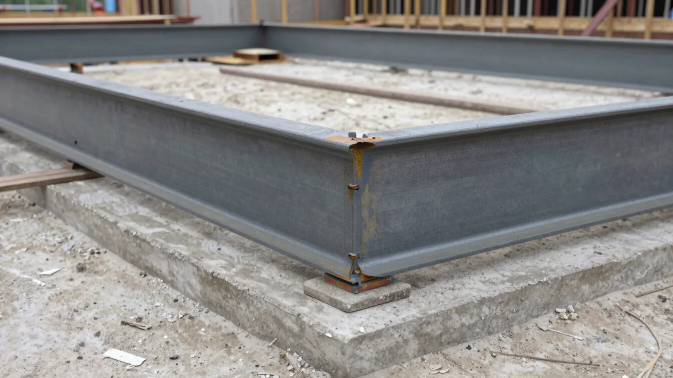 Documentary close detail of steel beam connections and concrete footing on a building site, natural daylight, realistic