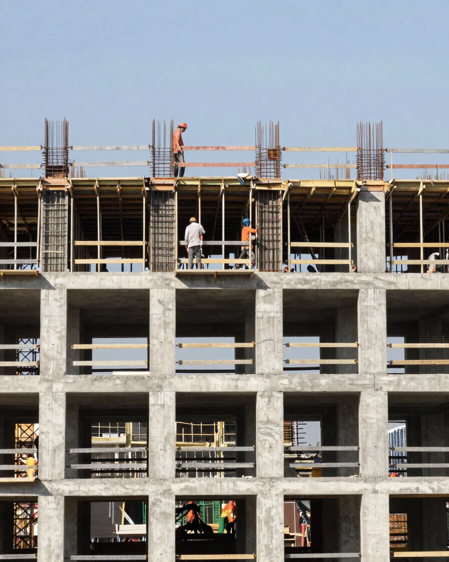 Documentary construction photograph of a multi-storey concrete building frame under construction in natural daylight, wo