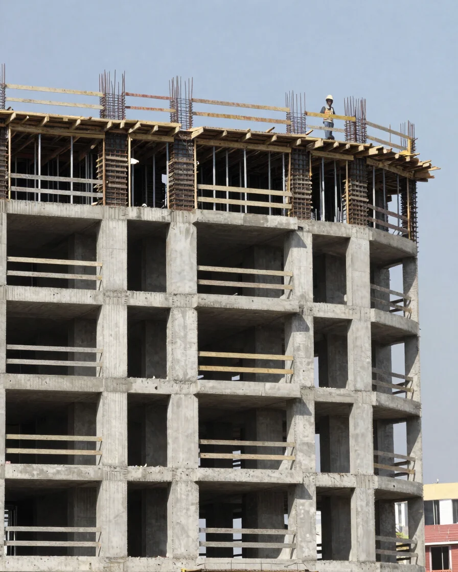 Documentary photograph of a multi-storey building under construction in clear natural daylight, concrete frame and steel