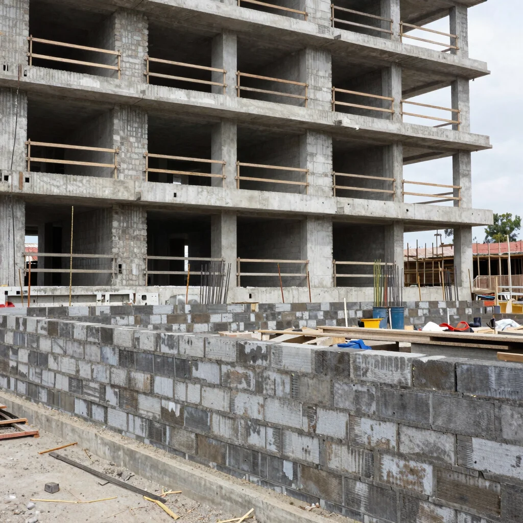 Documentary photograph of brickwork masonry being laid on a multi-storey building, natural daylight, realistic site cond