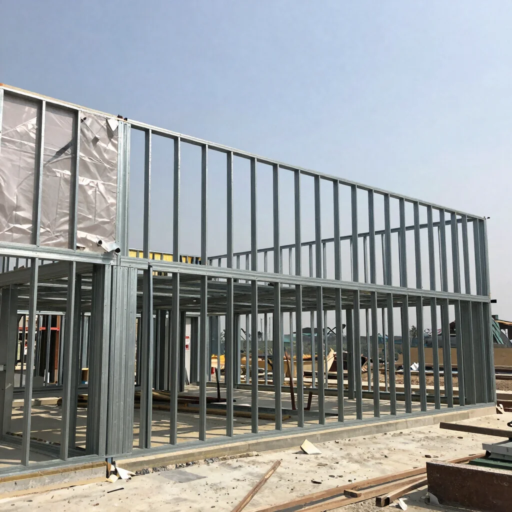 Documentary exterior view of a building envelope with steel framing and cladding partially installed, natural daylight,