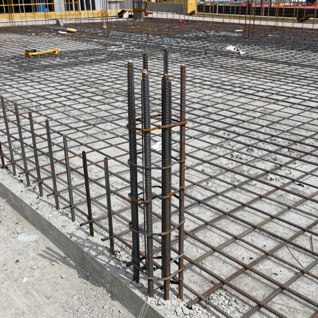 Documentary close detail of rebar and formwork on a concrete slab, natural daylight, realistic site conditions, 35mm len
