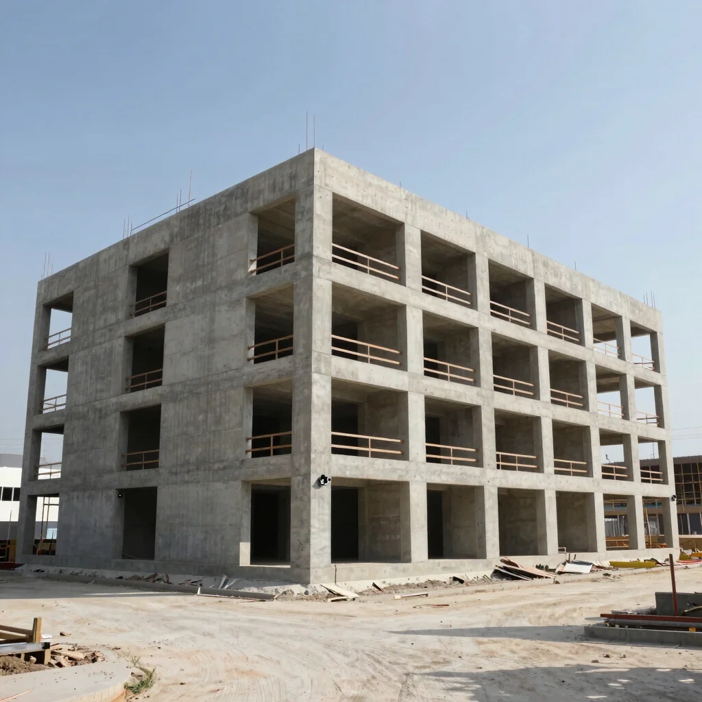 Documentary wide view of a completed commercial building exterior, clear daylight, restrained concrete and steel tones,