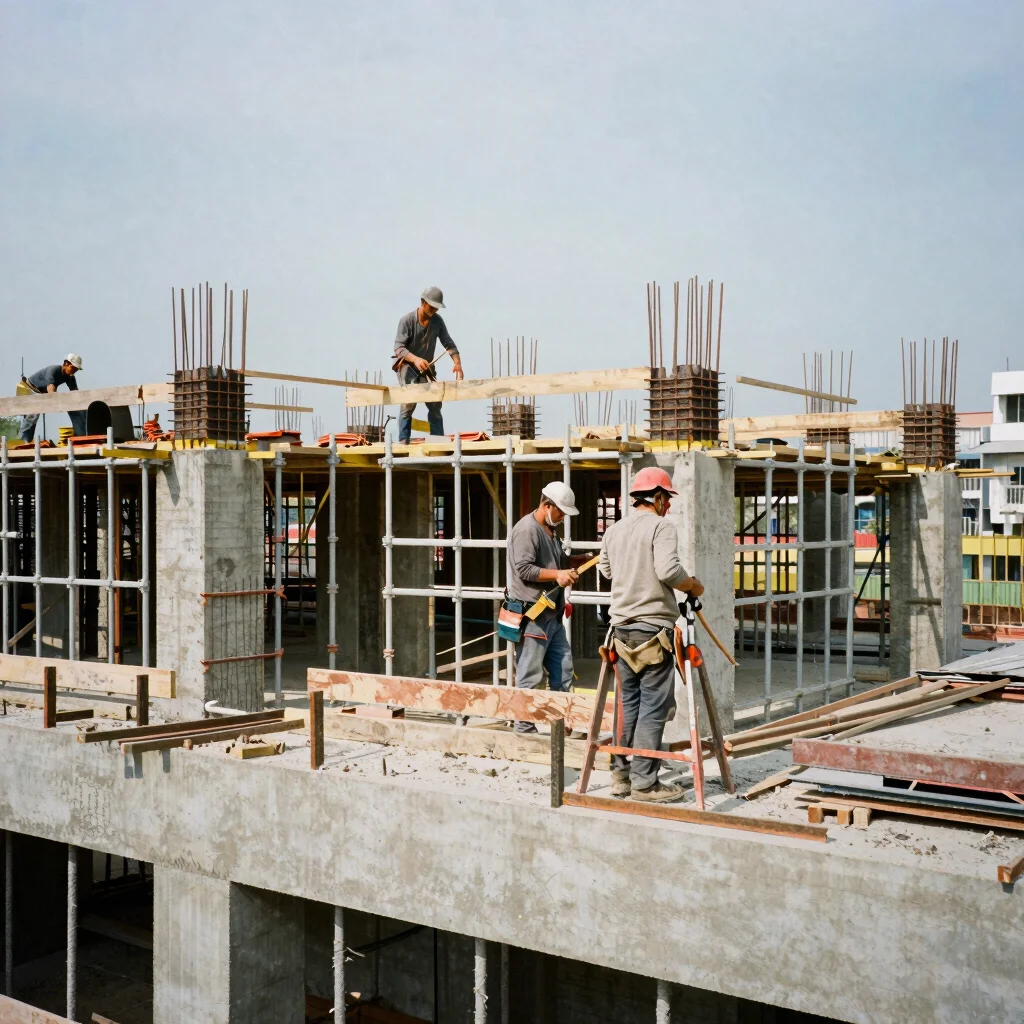 Documentary photograph of workers engaged in masonry and scaffolding tasks on an active site, natural daylight, 35mm len