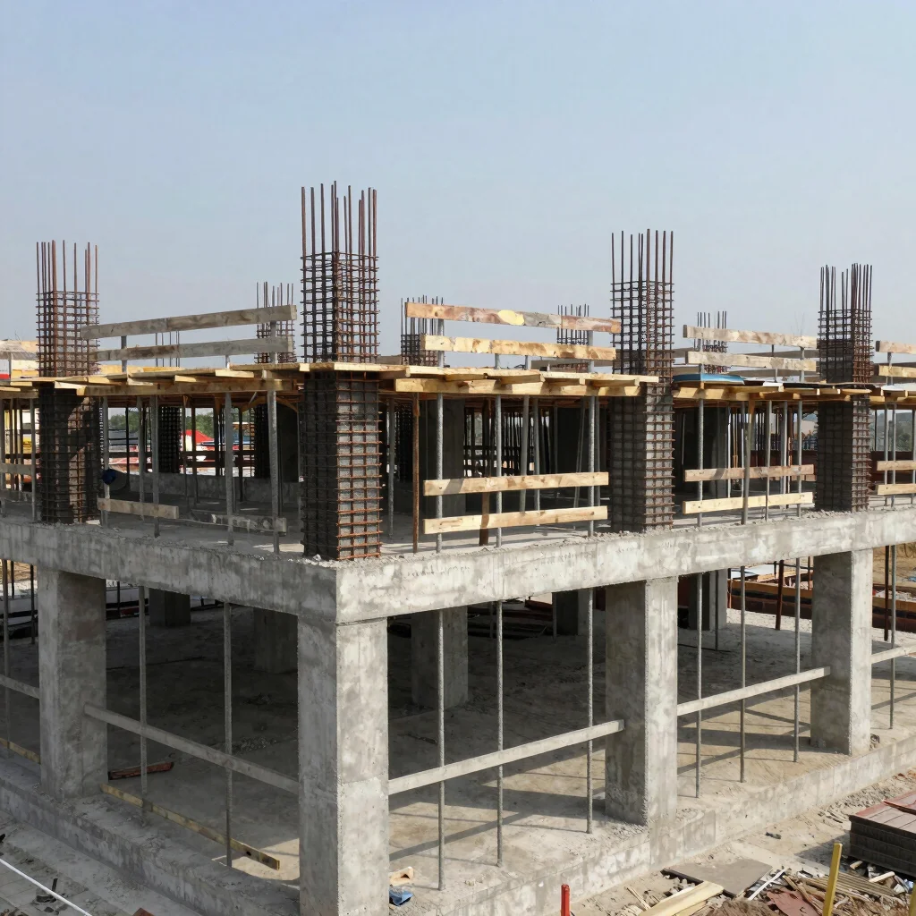Documentary wide view of a reinforced concrete building frame under construction, natural daylight, restrained concrete